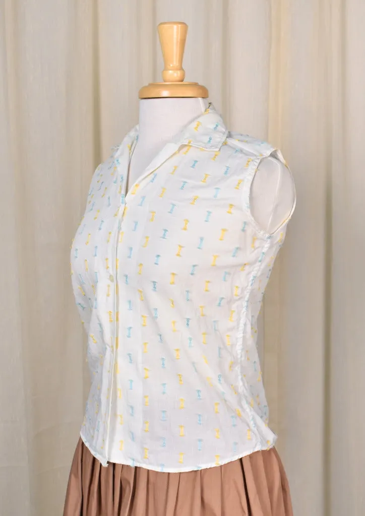 1950s Blue & Yellow Bow Textured Sleeveless Blouse