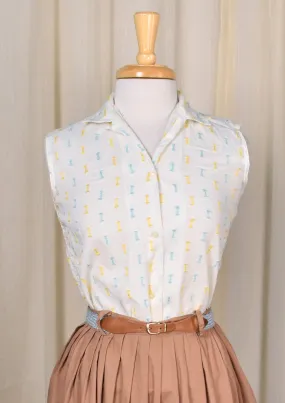 1950s Blue & Yellow Bow Textured Sleeveless Blouse