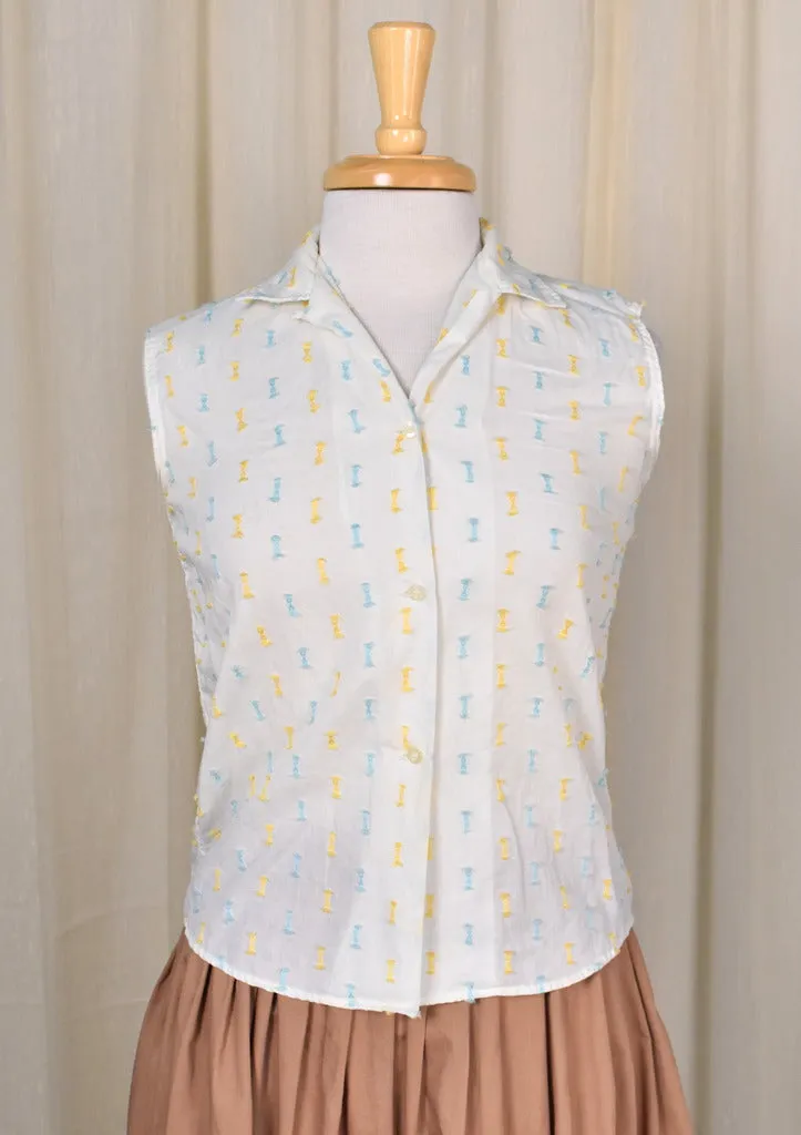 1950s Blue & Yellow Bow Textured Sleeveless Blouse