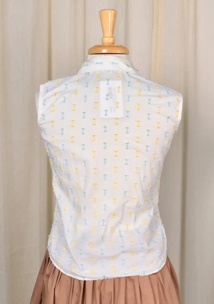 1950s Blue & Yellow Bow Textured Sleeveless Blouse