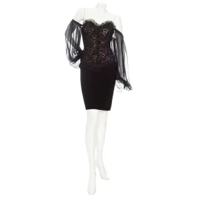 1980s Black Off-the-Shoulder Lace Bustier Dress