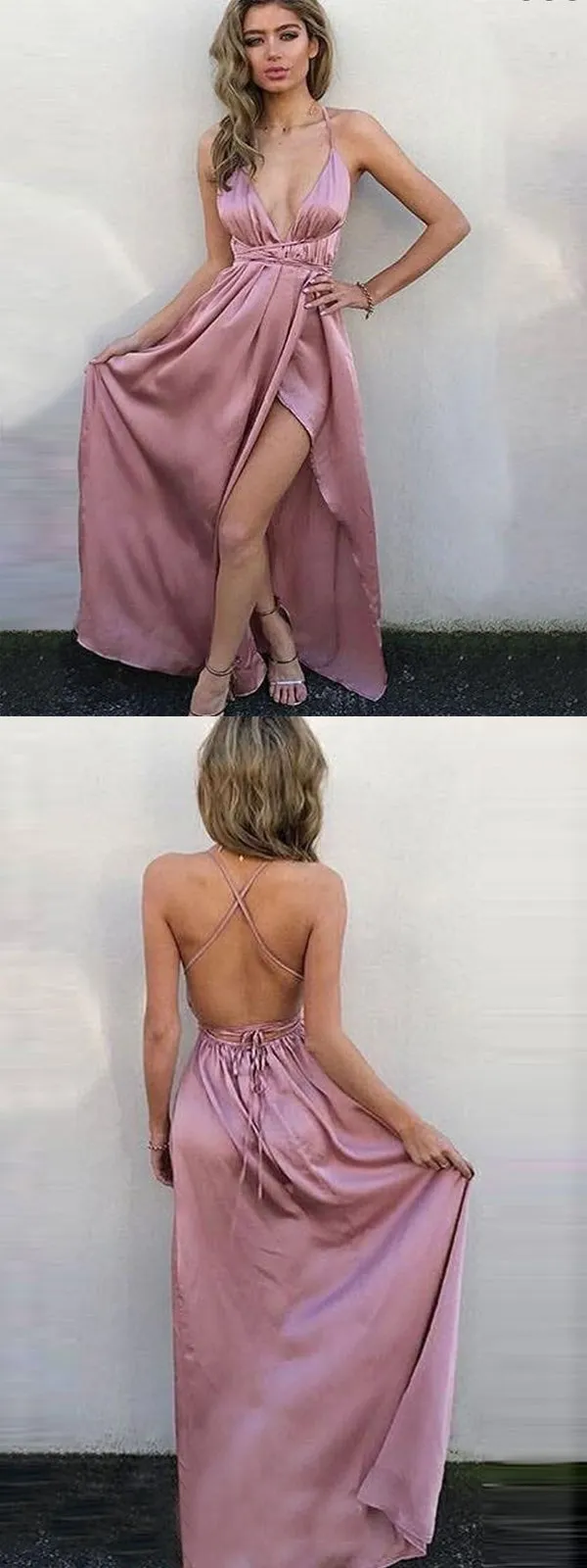 A-Line V-Neck Criss-Cross Back Blush Prom Dress With Split,Evening Party Dresses,PDY0261