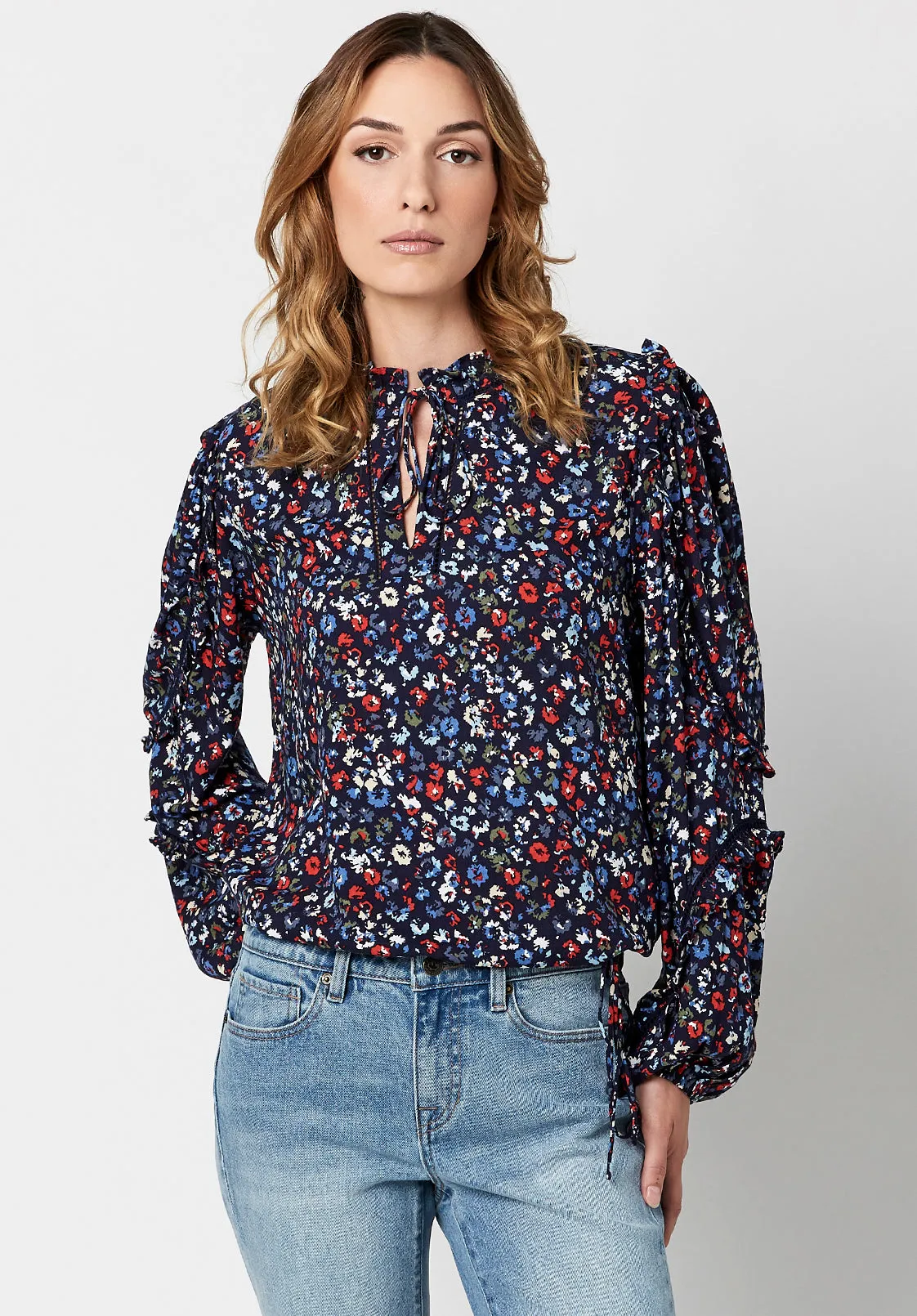 Adeline Women's Tie Neck Blouse in Nautical Floral - WT0521H