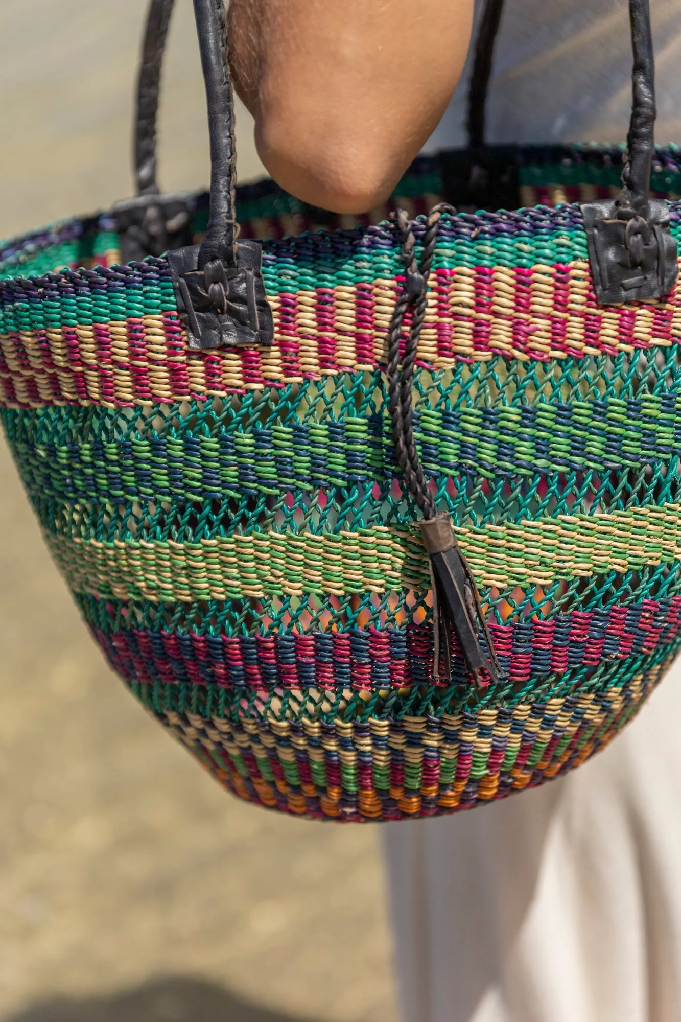 African Woven Basket in Blue Red Green - Wholesale