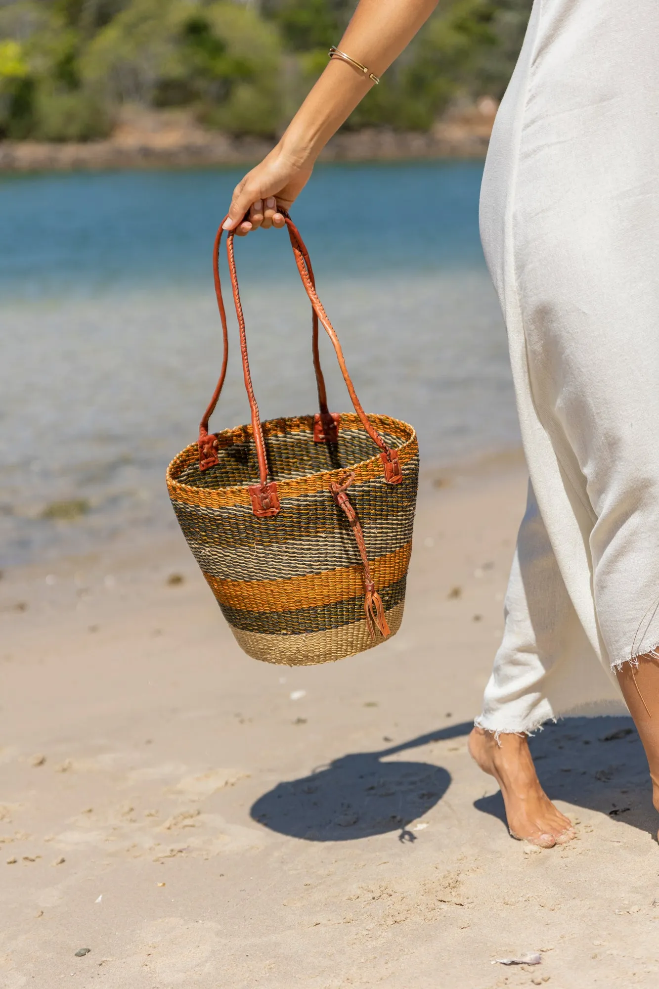 African Woven Basket in Brown Orange