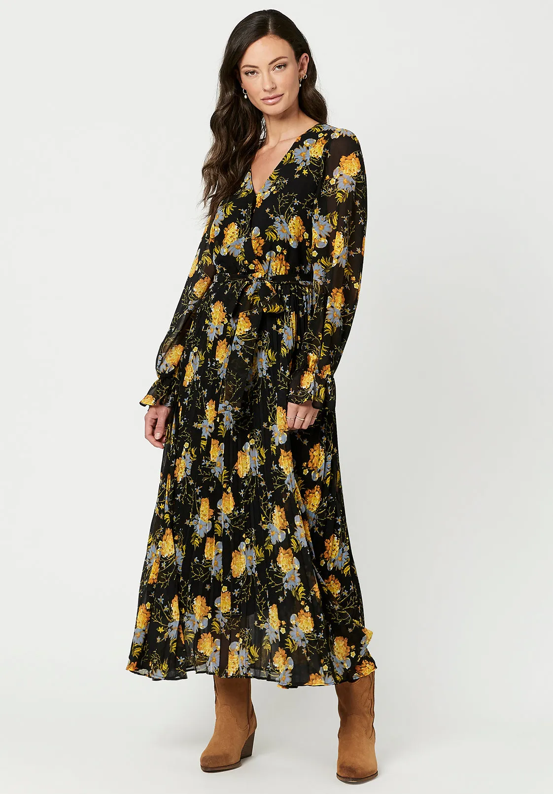 Angelique Women's Bell Sleeve Dress in Black Floral - WD0346F