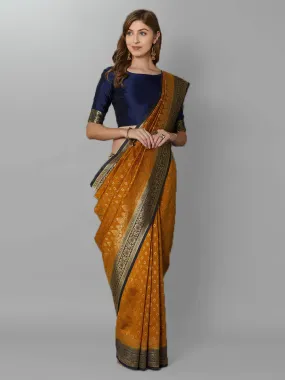 Apricot Orange and Navy Silk Saree