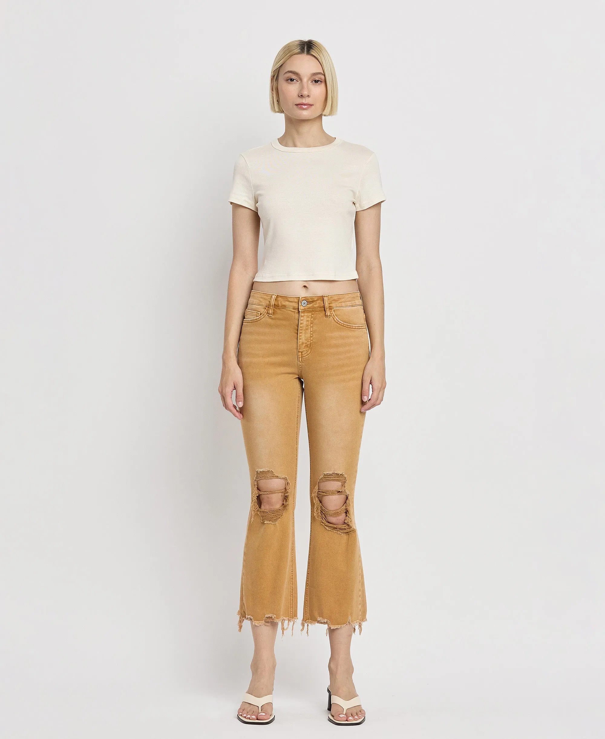 Army Khaki - Vintage High Rise Crop Flare Jeans