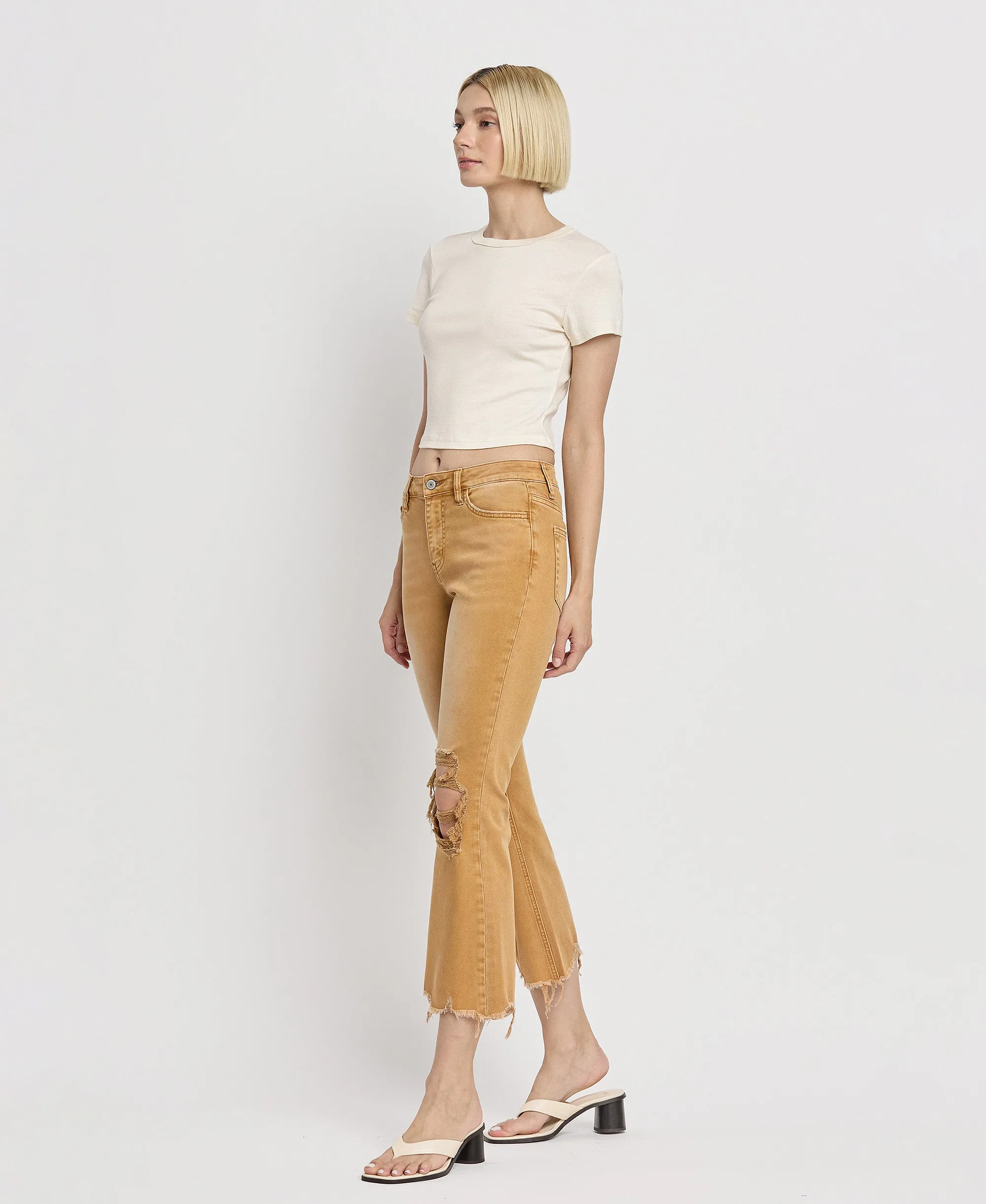 Army Khaki - Vintage High Rise Crop Flare Jeans