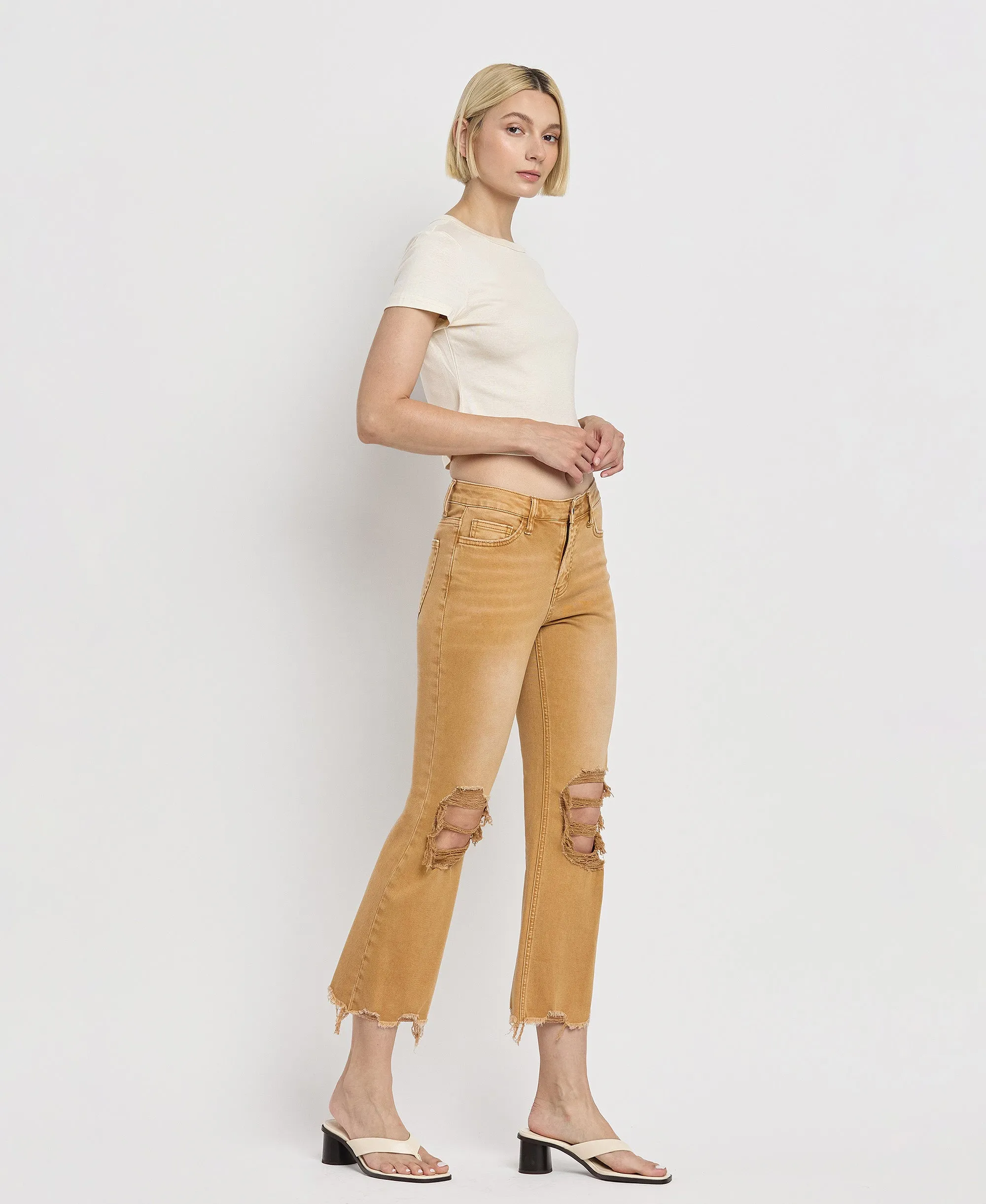 Army Khaki - Vintage High Rise Crop Flare Jeans