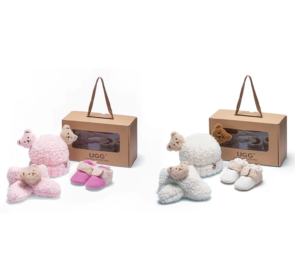 Baby Booties Gift Set with Shearling Bear Beanie and Scarf