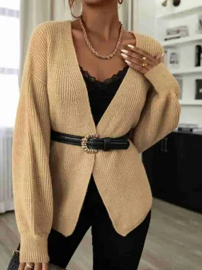 Balloon Sleeve Rib-Knit Open Front Cardigan