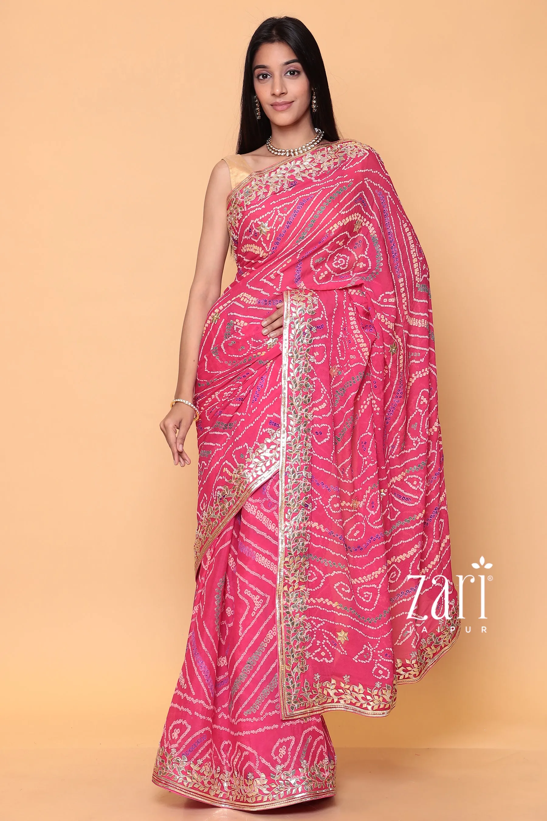 Bandhej Georgette Saree with Dori, Gota, Gota Patti, Pearl, Sequins work.