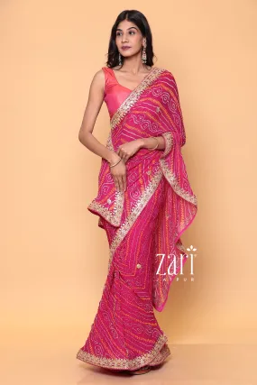 Bandhej Georgette Saree with Dori, Gota Patti, Pearl work.