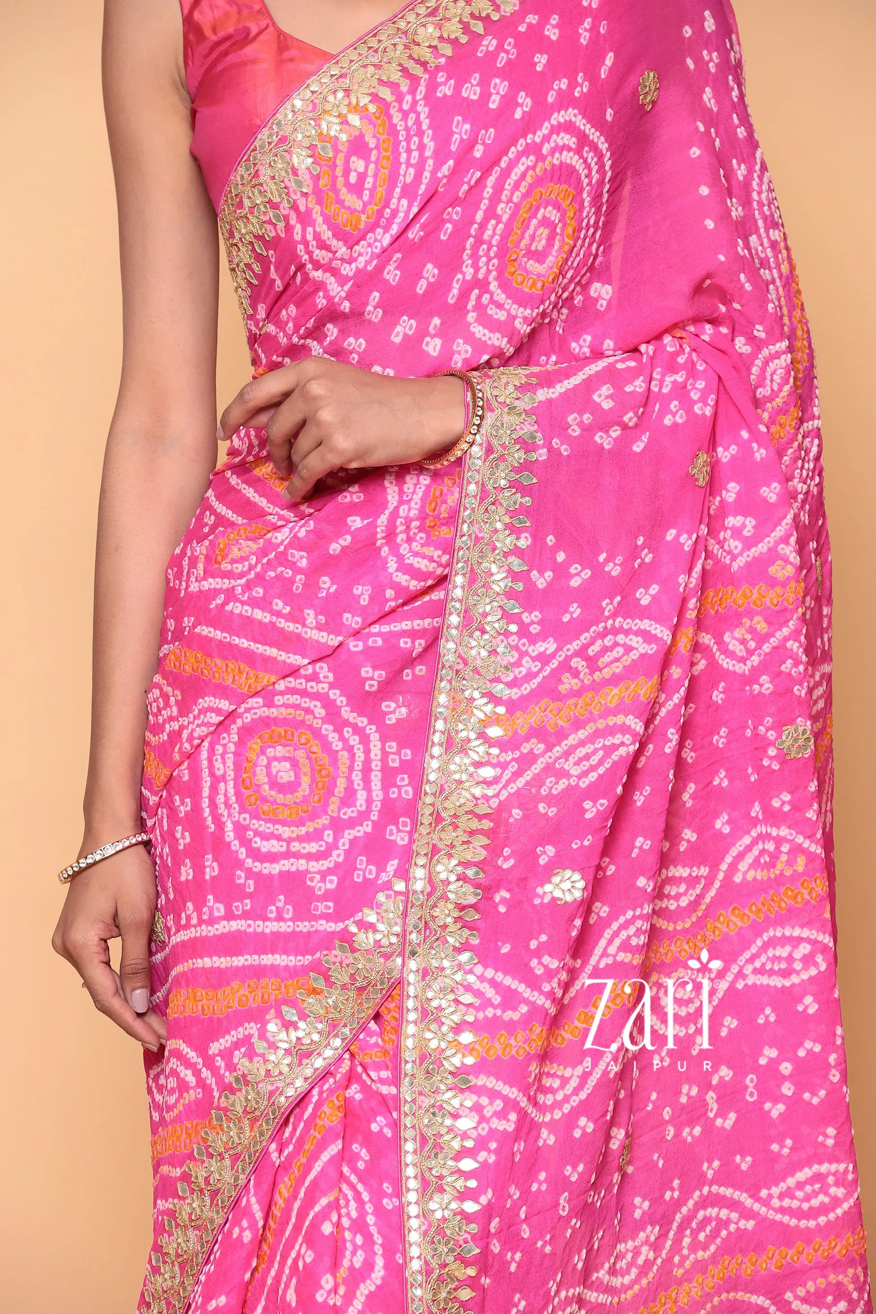 Bandhej Georgette Saree with Dori, Gota Patti work.