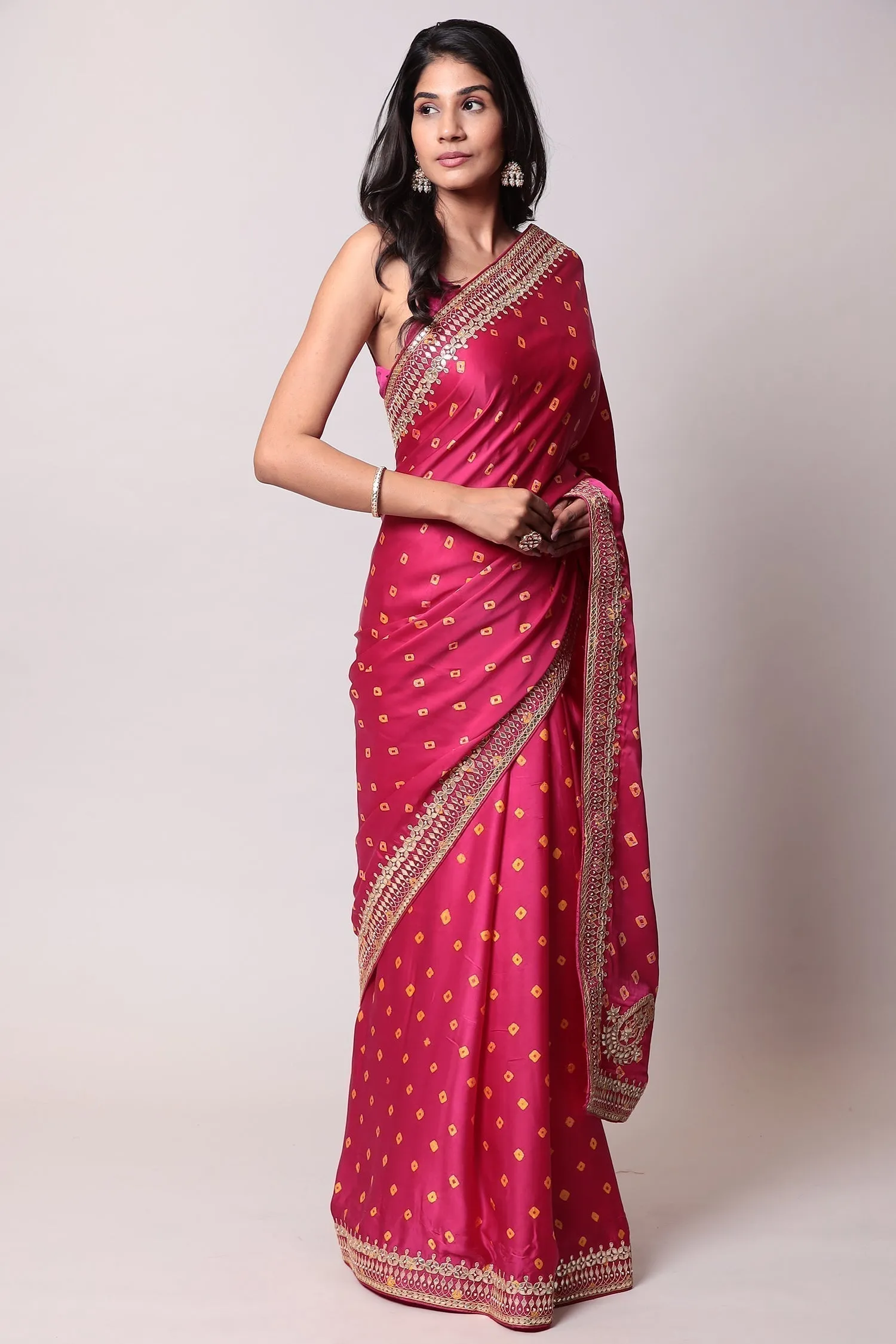 Bandhej Satin silk Saree with Gota Patti work.