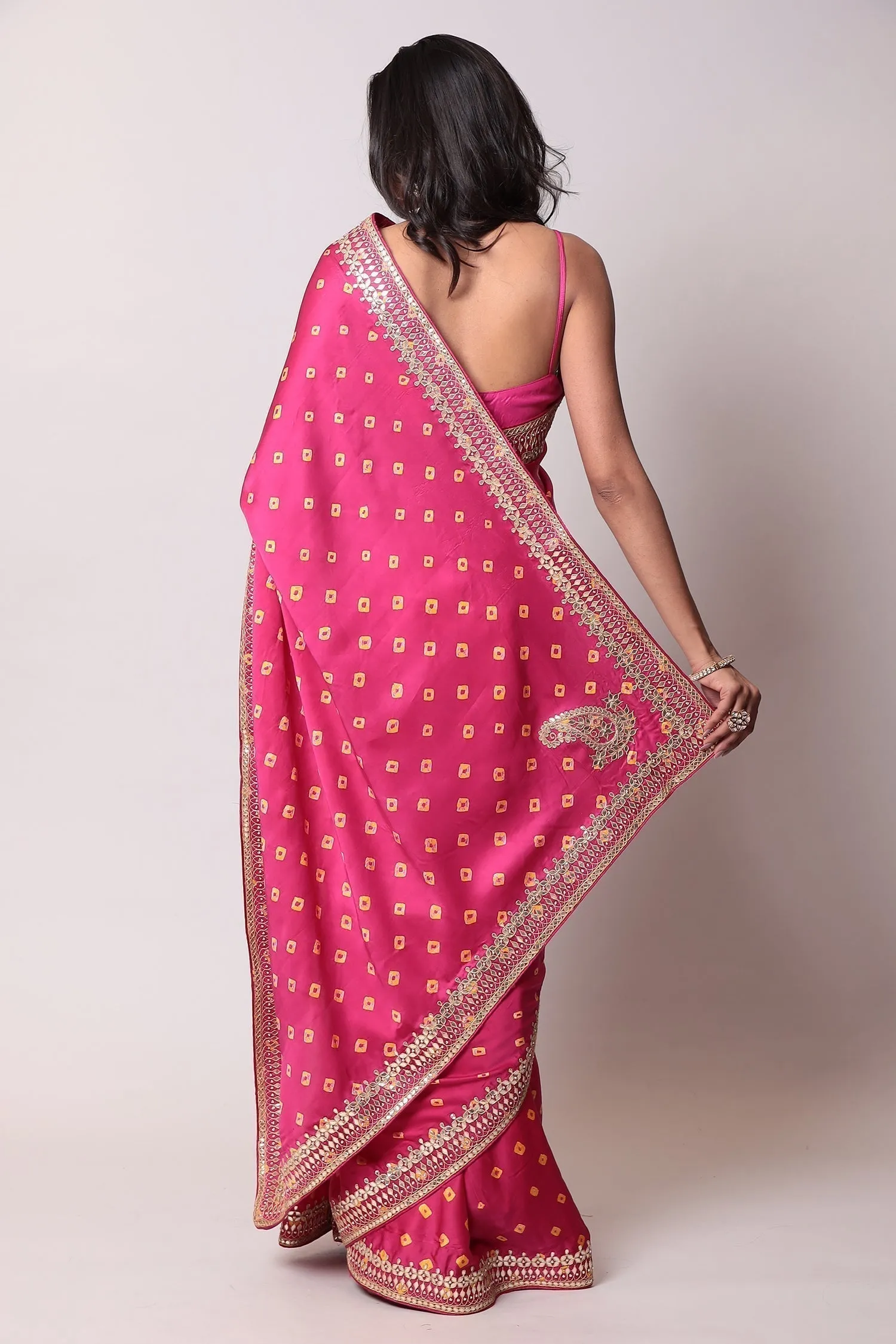 Bandhej Satin silk Saree with Gota Patti work.