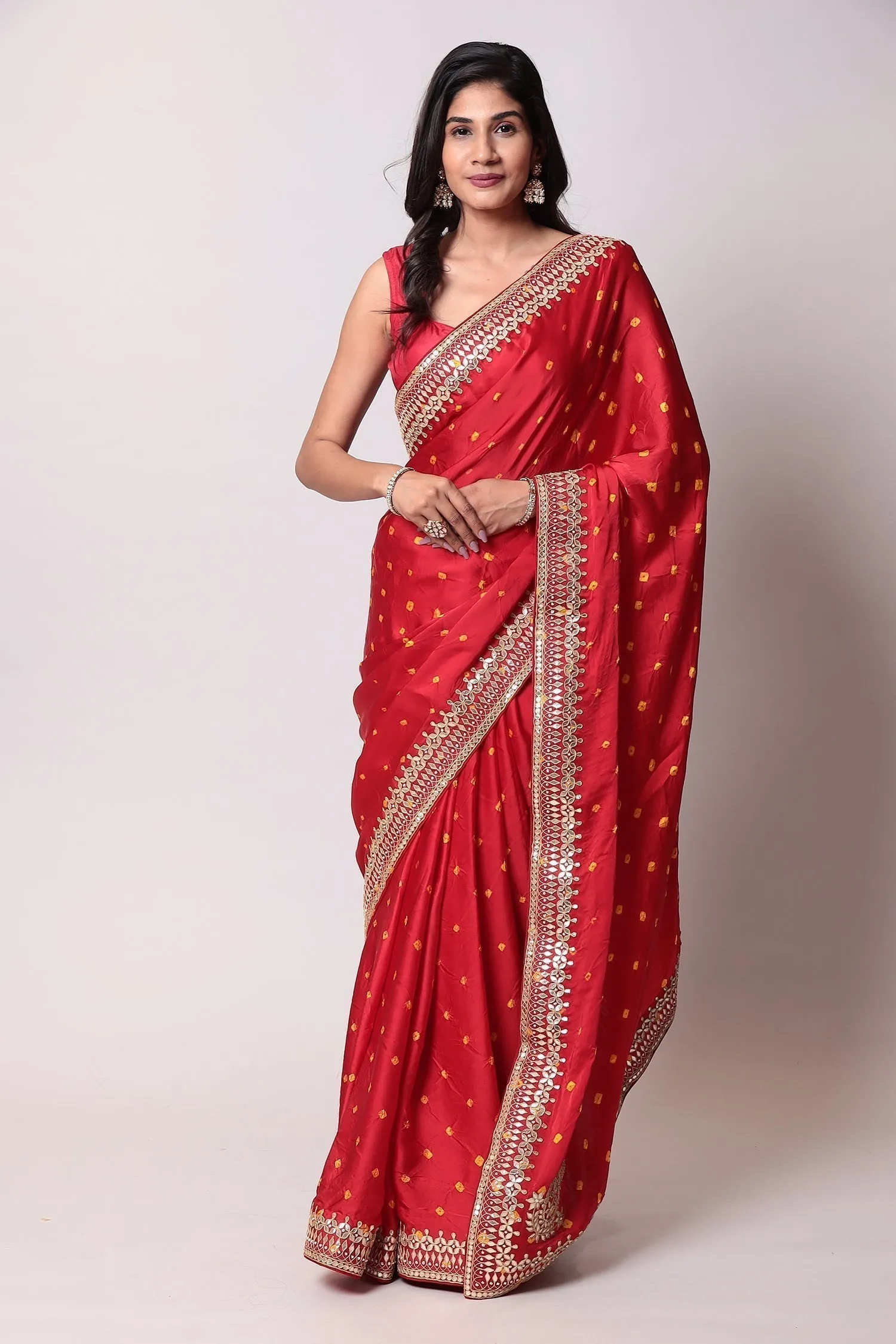 Bandhej Satin silk Saree with Gota Patti work.