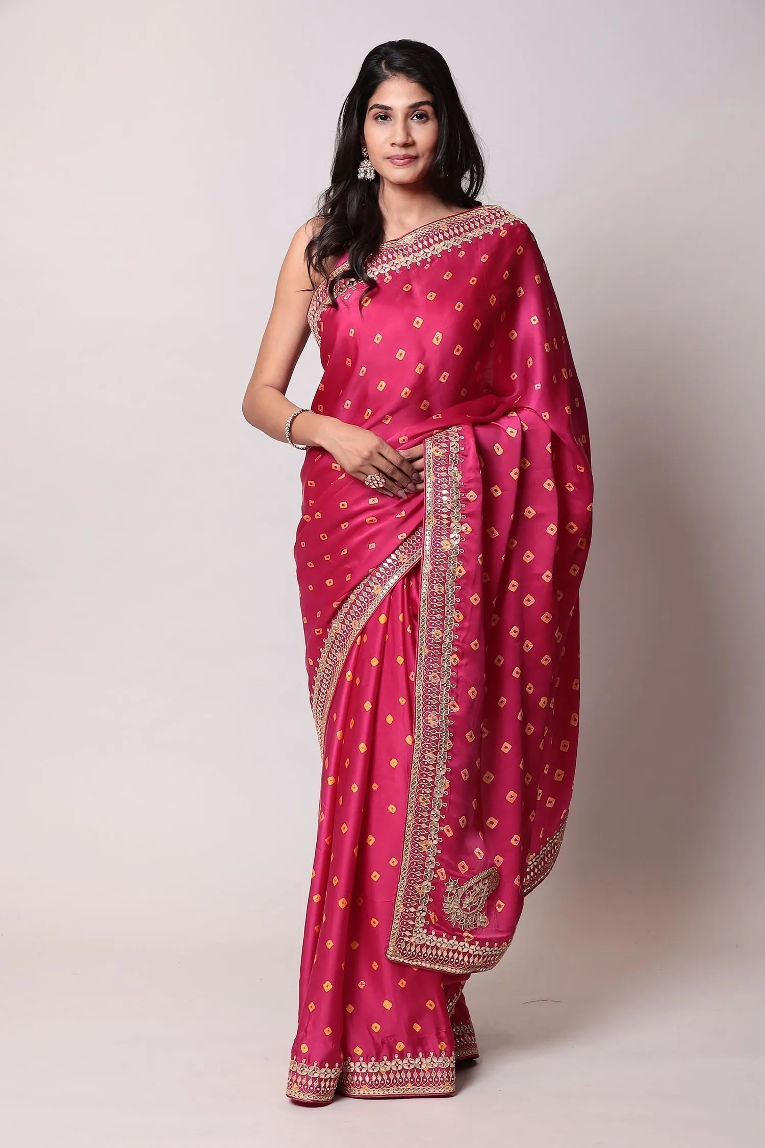 Bandhej Satin silk Saree with Gota Patti work.