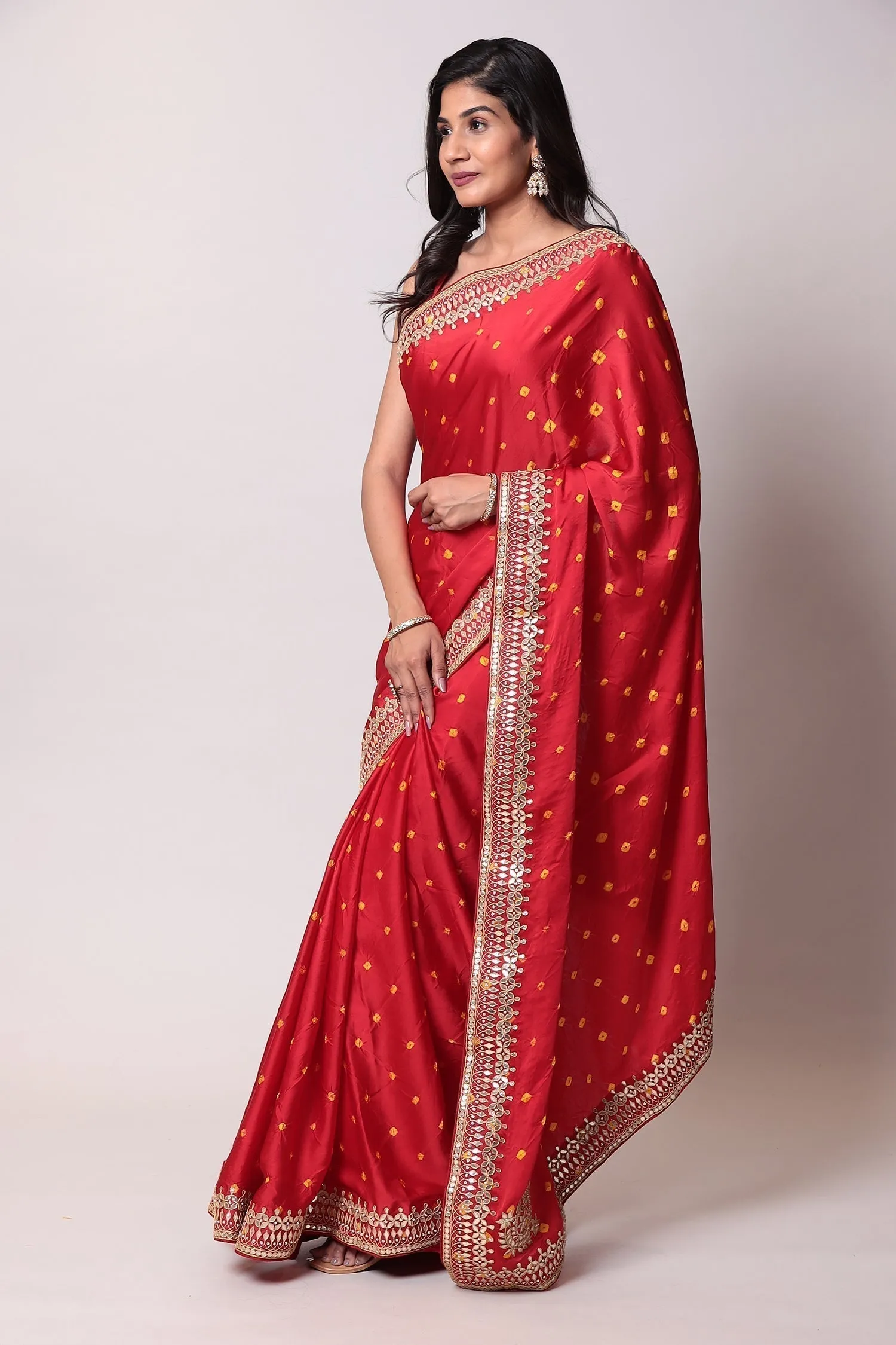 Bandhej Satin silk Saree with Gota Patti work.