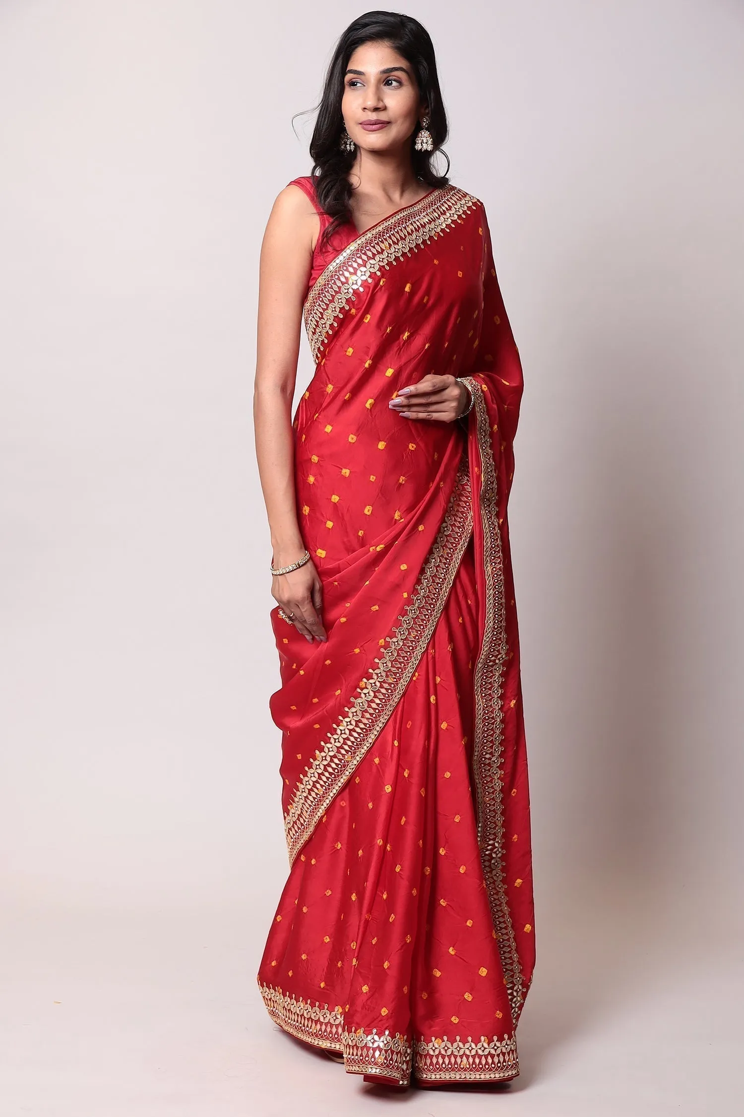 Bandhej Satin silk Saree with Gota Patti work.