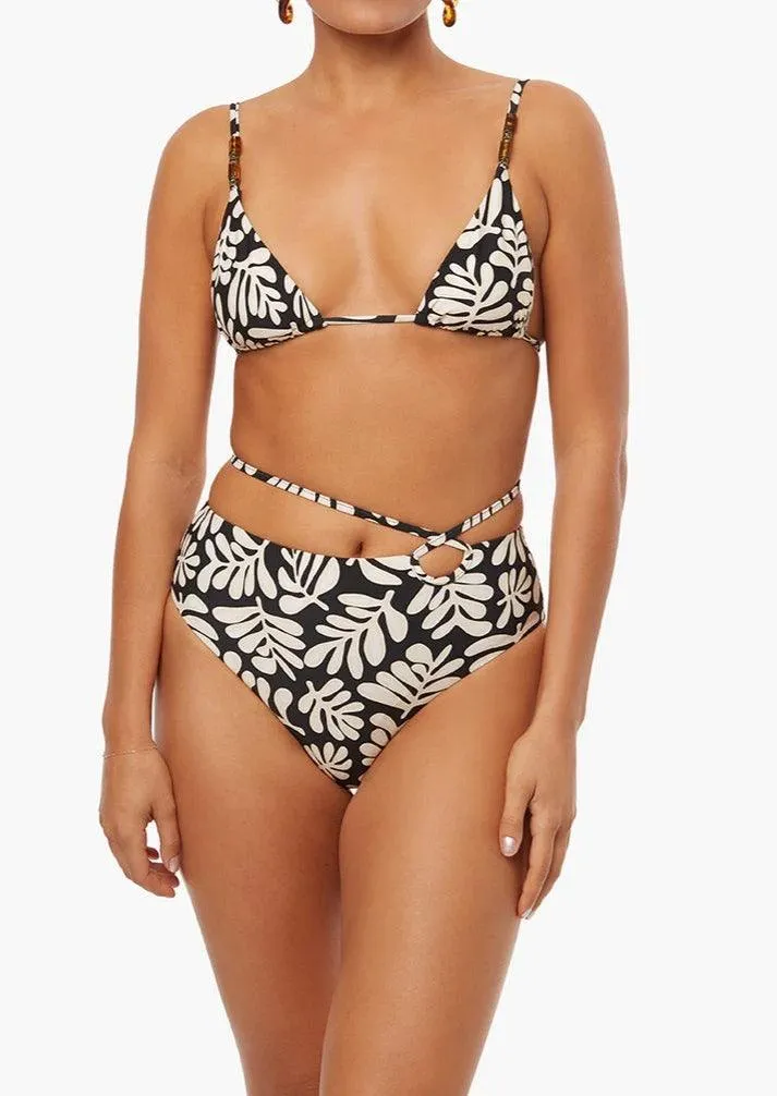 Black beaded Cooper Triangle Bikini Top in Safari Leaves