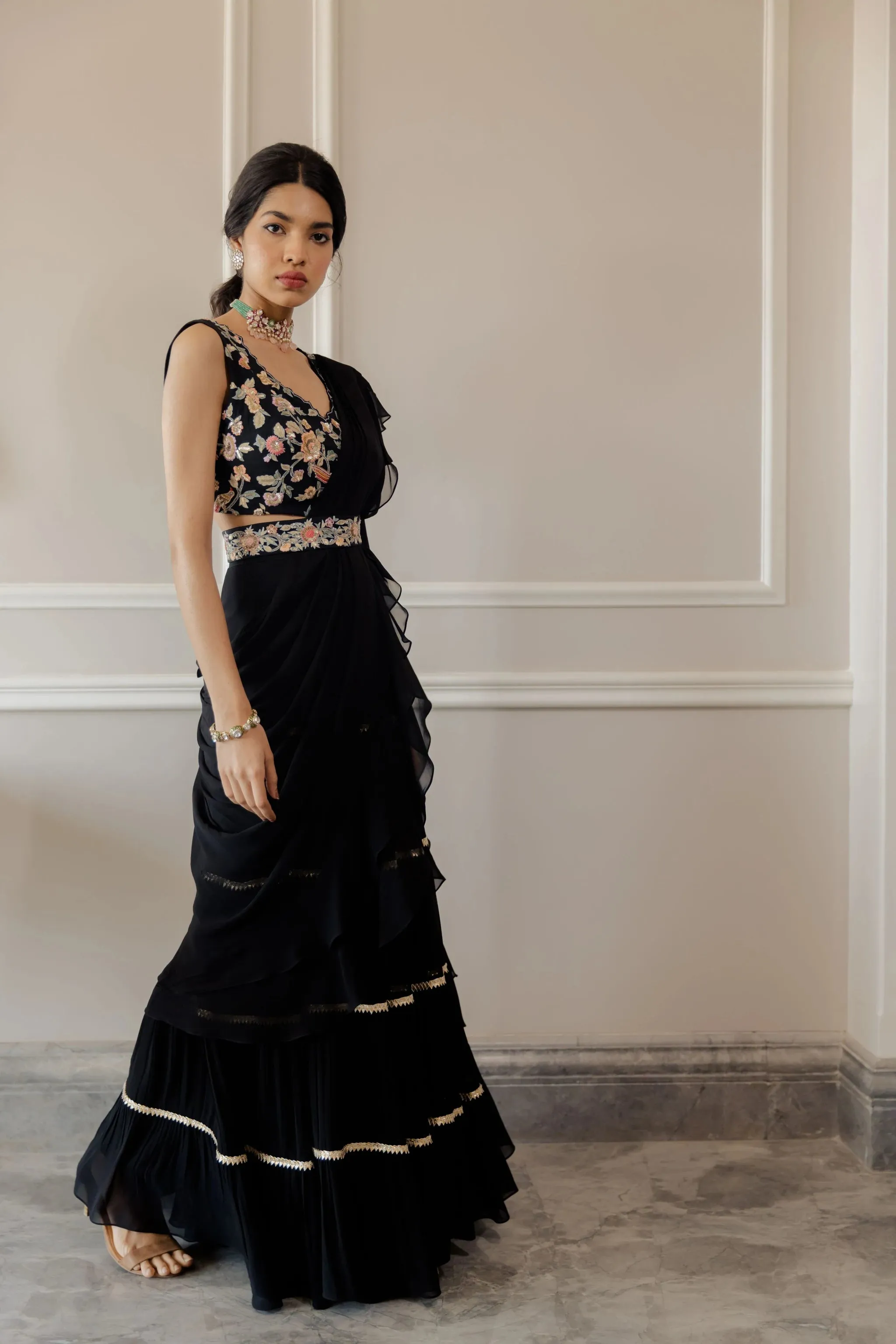 Black Draped Floral Saree