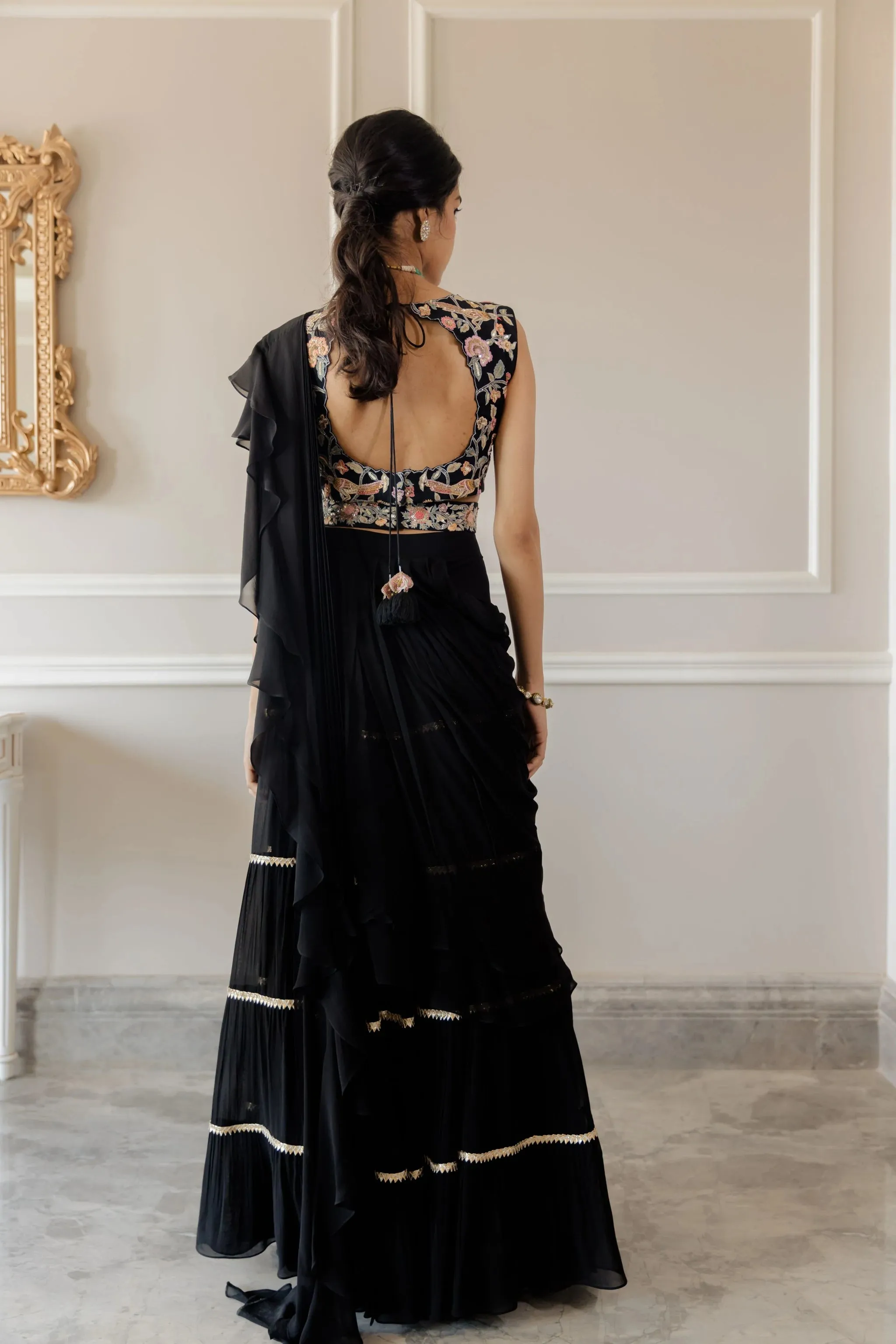 Black Draped Floral Saree