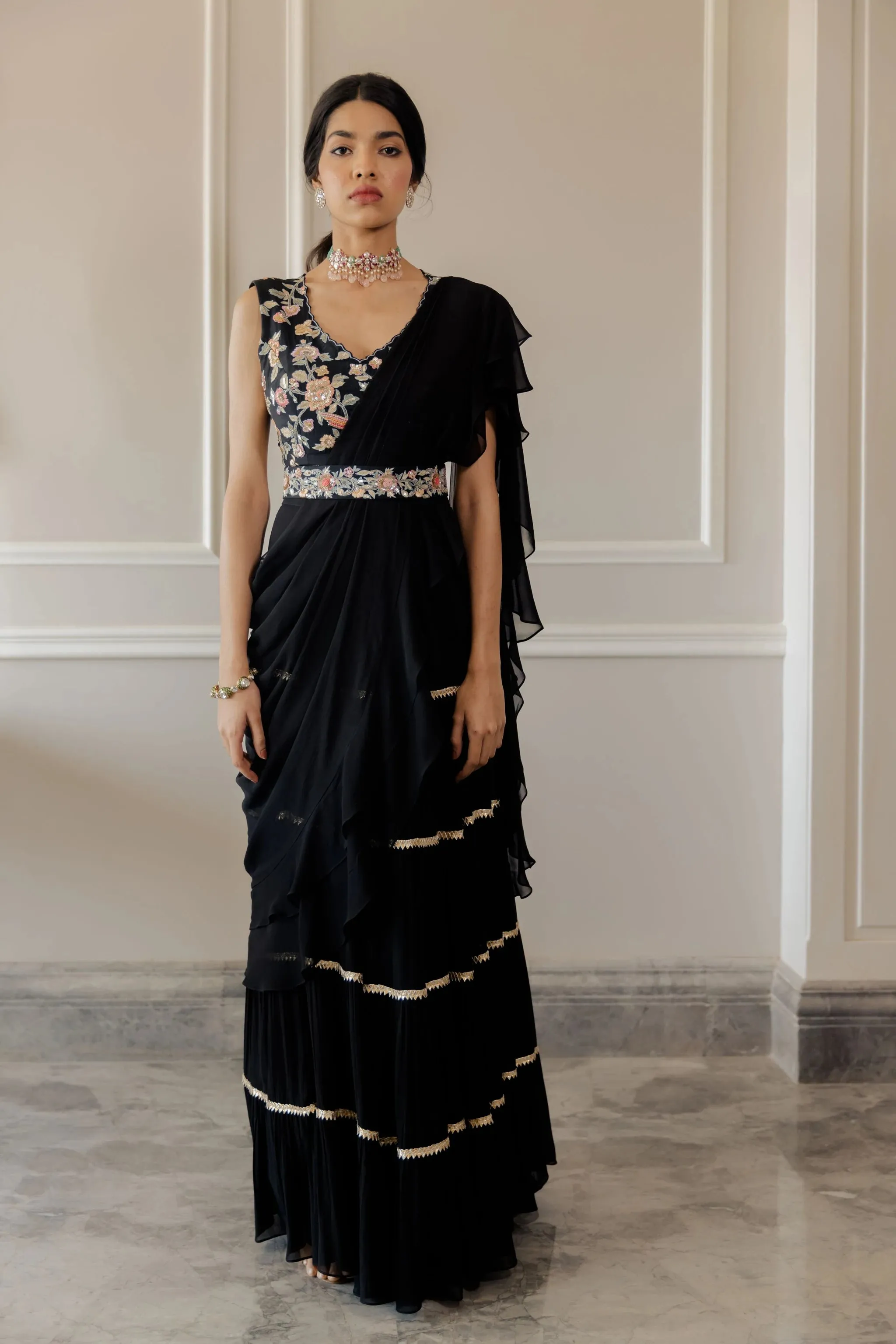 Black Draped Floral Saree