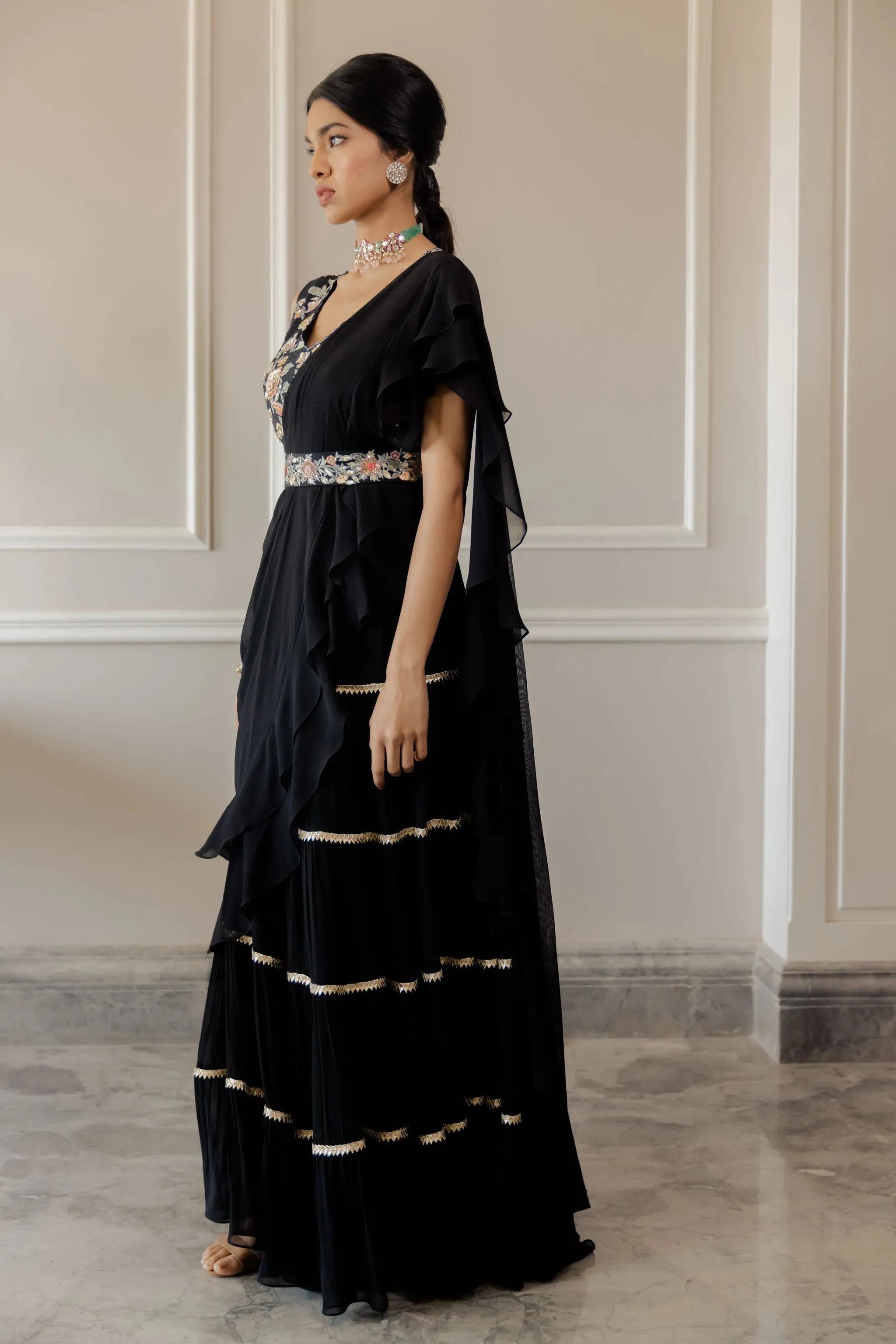 Black Draped Floral Saree