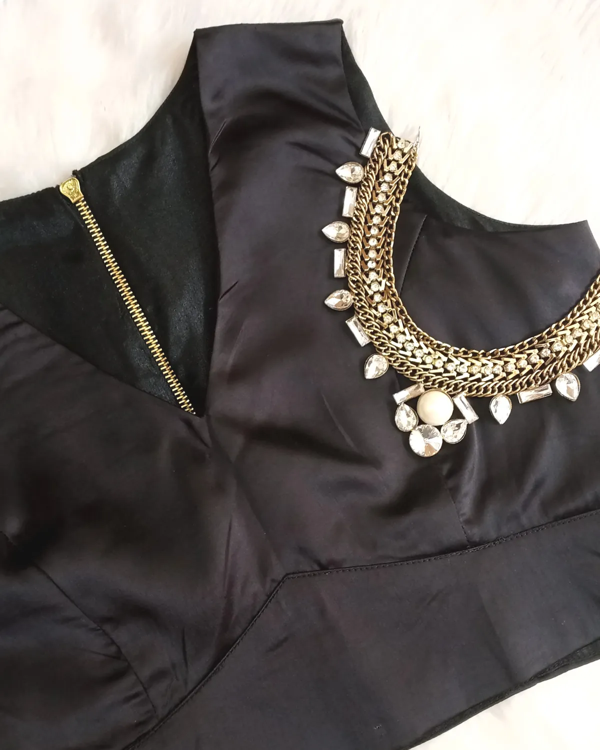 Black Satin V-Neck Blouse