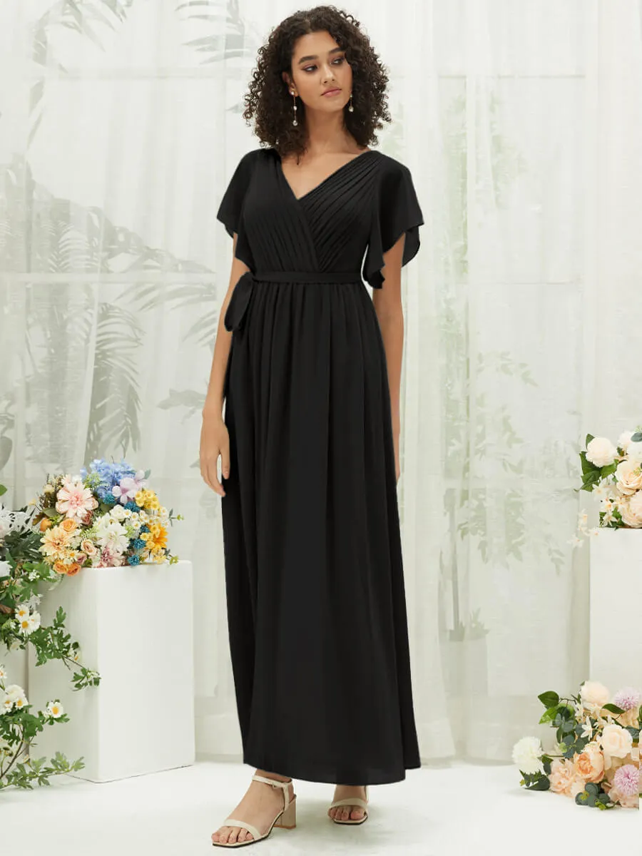 Black Short Sleeves Floor Length Silky Chiffon Bridesmaid Dress