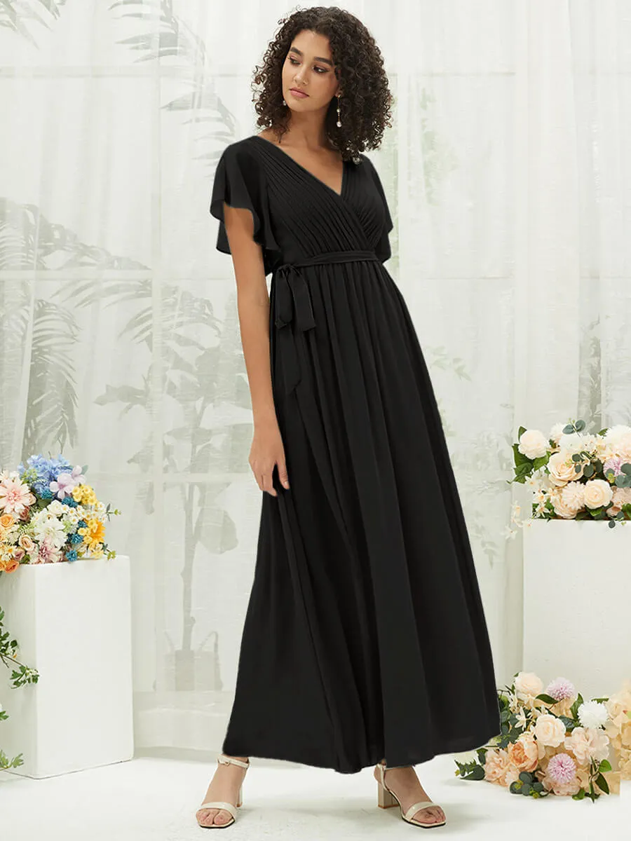 Black Short Sleeves Floor Length Silky Chiffon Bridesmaid Dress