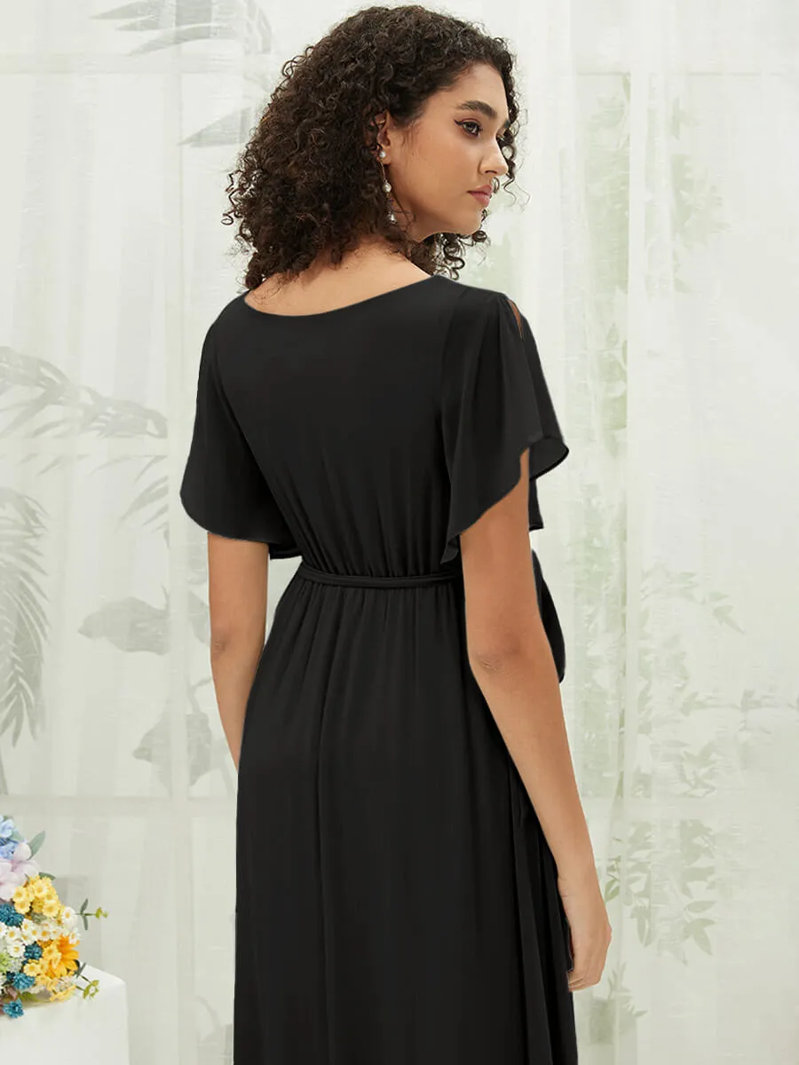 Black Short Sleeves Floor Length Silky Chiffon Bridesmaid Dress