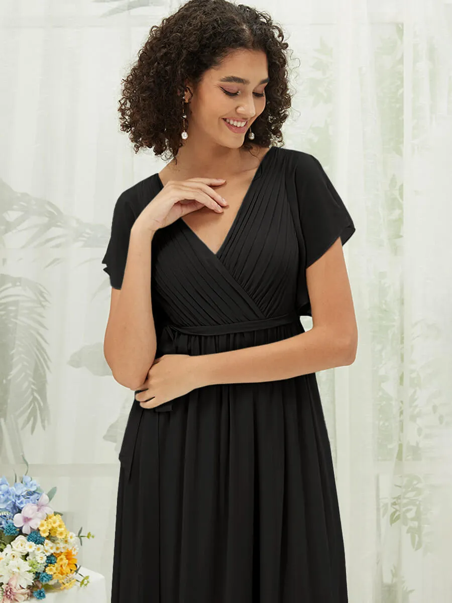 Black Short Sleeves Floor Length Silky Chiffon Bridesmaid Dress