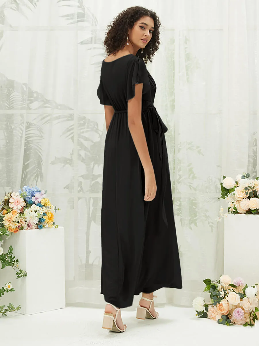 Black Short Sleeves Floor Length Silky Chiffon Bridesmaid Dress