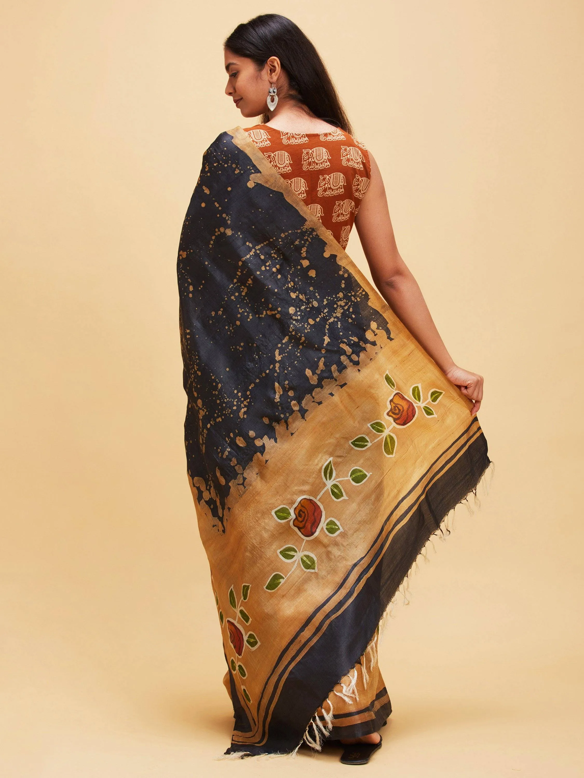 Black Tussar Silk Sari