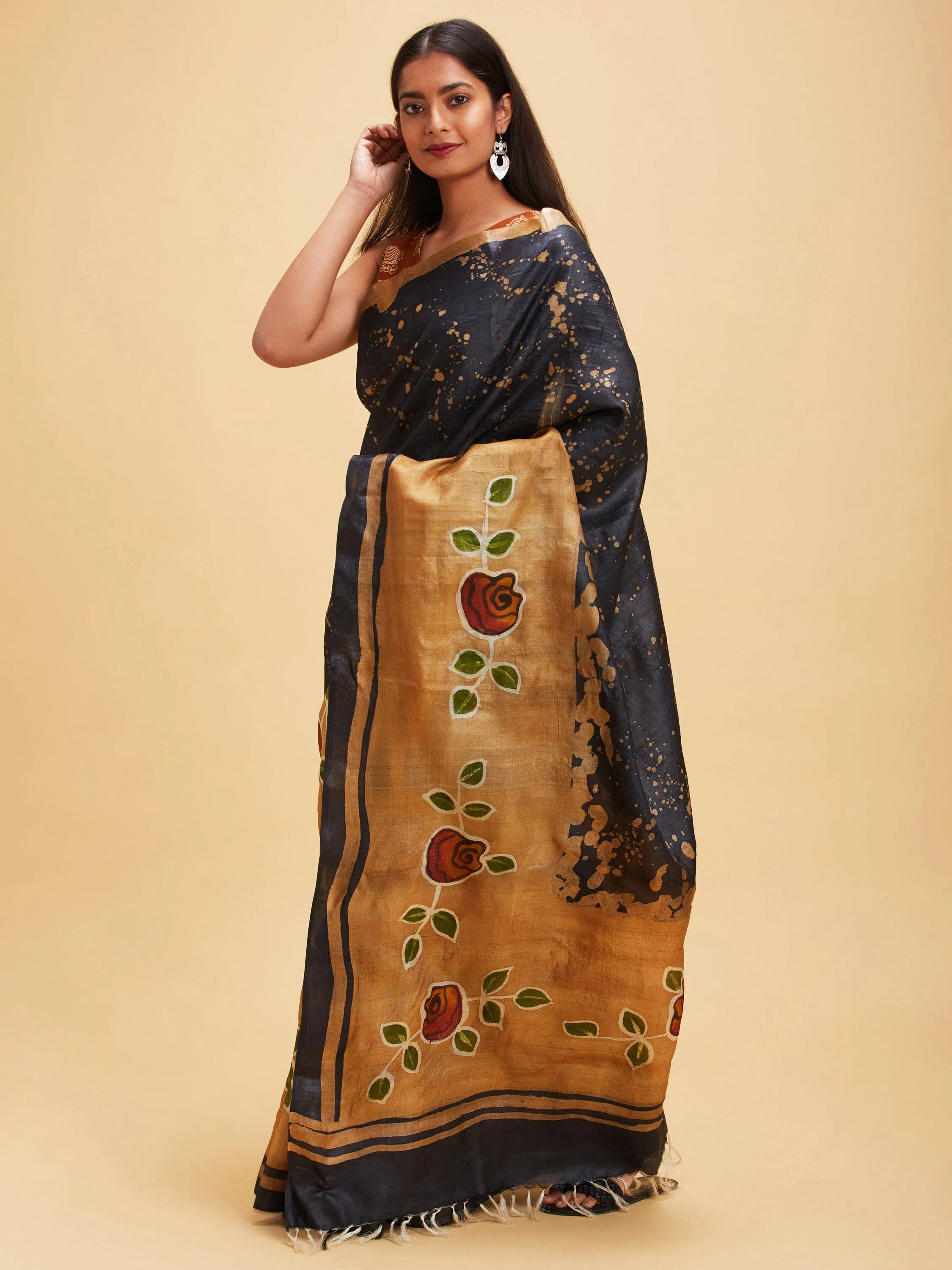 Black Tussar Silk Sari