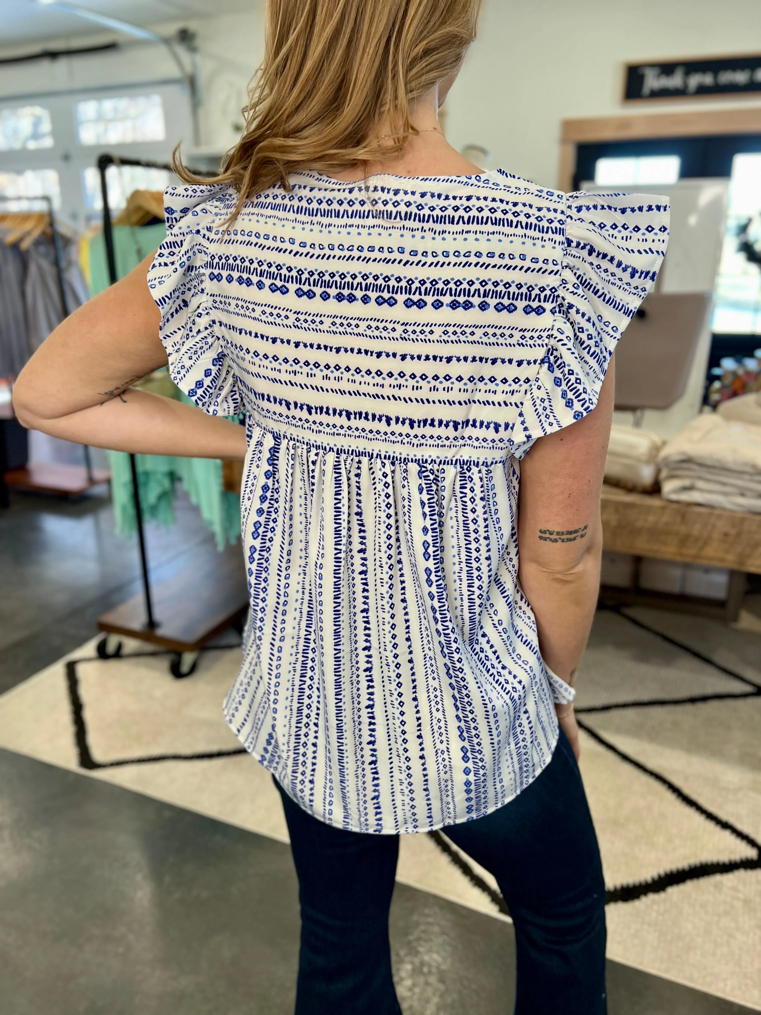 Blue Embroidered Print Blouse