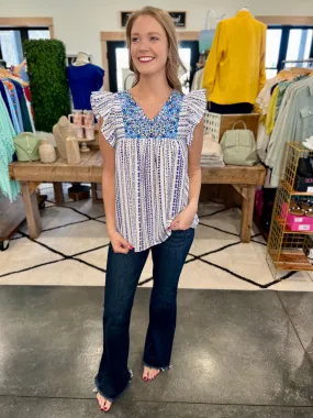 Blue Embroidered Print Blouse