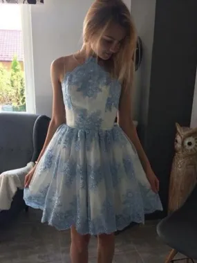 Blue Lace Scoop Neck See Through Cheap Homecoming Dresses 2018, BDY0210