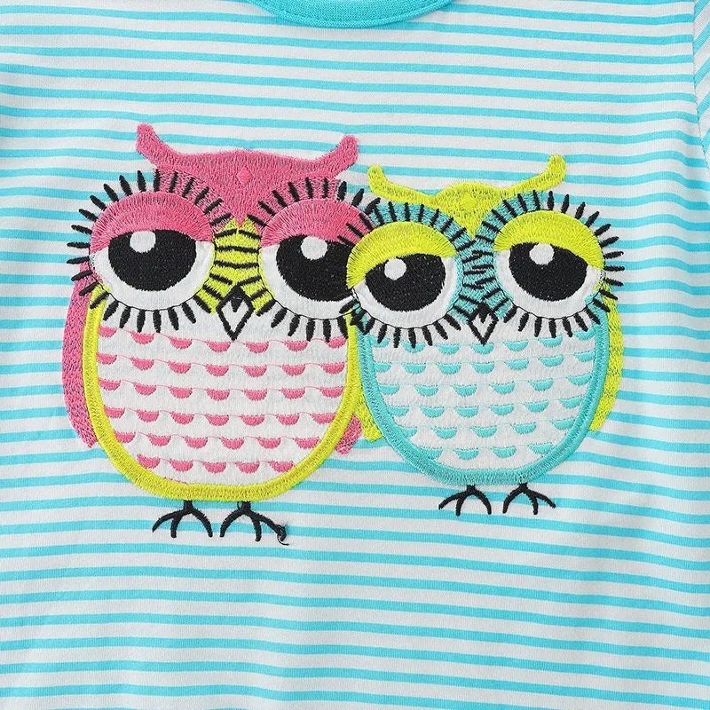 Blue Short Sleeve Toddler Girls Cute Owl Design 2 Piece T-Shirt & Shorts Set