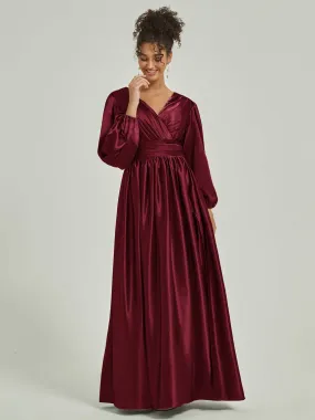 Burgundy 3/4 Long Slit Sleeve V-Neck Slit Pleated Bridesmaid Dress