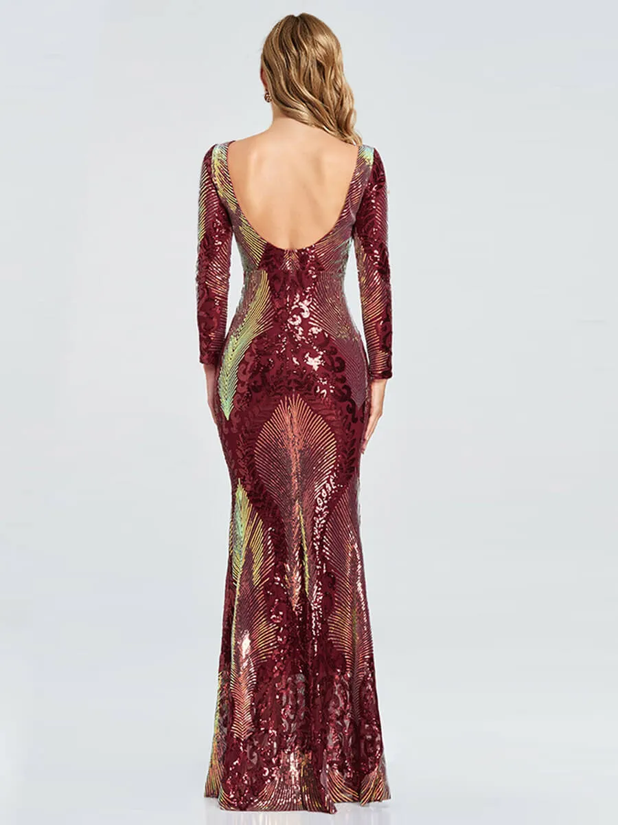 Burgundy Backless Long Sleeve Sequin Maxi Mermaid Evening Formal Dress