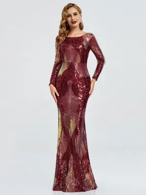 Burgundy Backless Long Sleeve Sequin Maxi Mermaid Evening Formal Dress