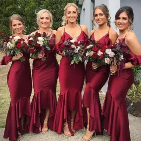 Burgundy Mermaid Off Shoulder Halter Long Bridesmaid Dresses Online, WGY0265