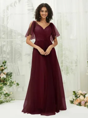 Burgundy Tulle Sweetheart Ruffle Sleeve Pocket Maxi Bridesmaid Dress