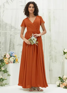 Burnt Orange Chiffon Short Sleeve V-Neck Wrap Pleated  Bridesmaid Dress