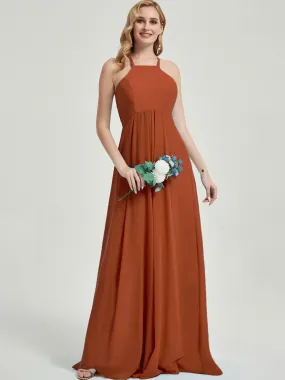 Burnt Orange Halter Neck Empire Pleated Backless Chiffon Bridesmaid Dress