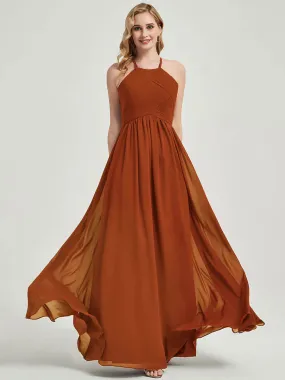 Burnt Orange Halter Pleated Keyhole Back Chiffon Bridesmaid Dress